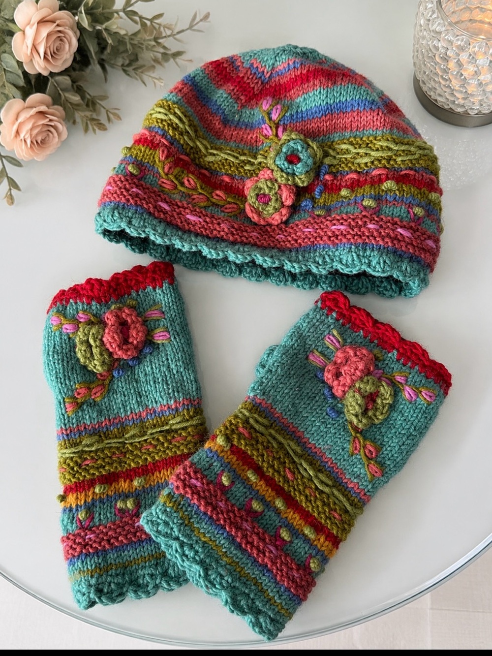 Handmade Kids Teal Floral Knit Hat and Wrist Warmers